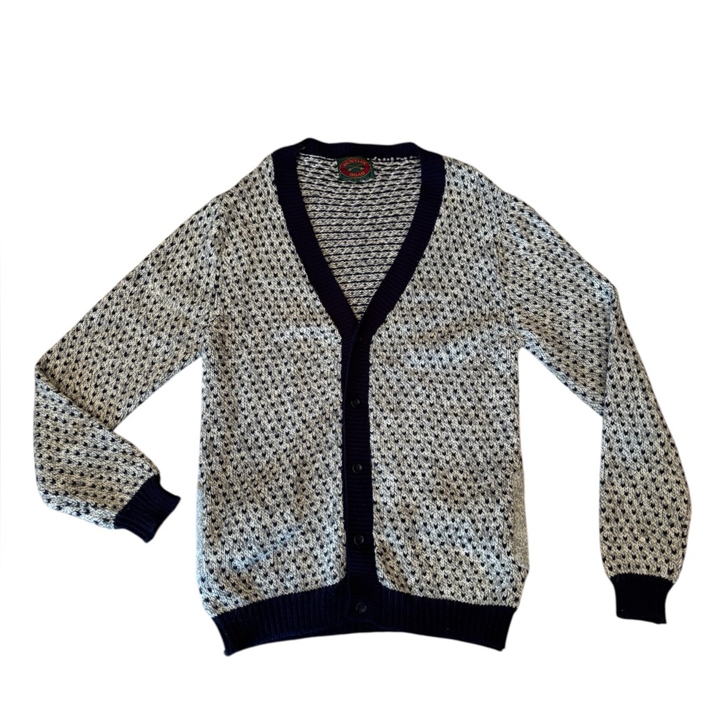 Huntley Road Men's Navy Gray & White Cardigan Wool Sweater Size Large